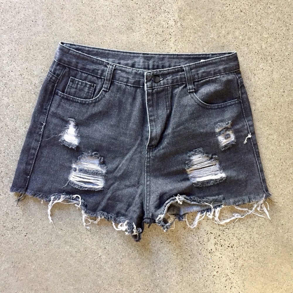 High Waisted Distressed Black Denim Shorts